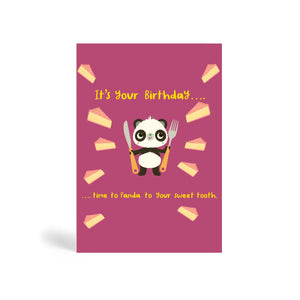 A6 eco-friendly, tree free, birthday greeting card with Panda standing, holding fork and knife surrounded by slices of birthday cakes. It's your Birthday.... time to Panda to your sweet tooth. In purple colour.