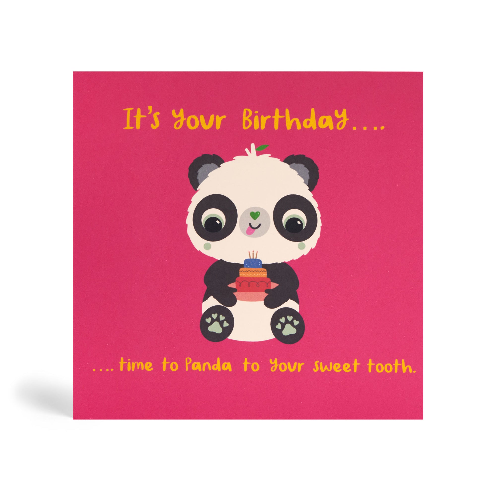 150mm square pink eco-friendly, tree free, birthday greeting card showing Panda sitting and offering a yummy birthday cake. The card says, It’s your Birthday….. Time to Panda to your sweet tooth.