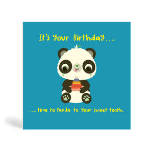 150mm square blue eco-friendly, tree free, birthday greeting card showing Panda sitting and offering a yummy birthday cake. The card says, It’s your Birthday….. Time to Panda to your sweet tooth.