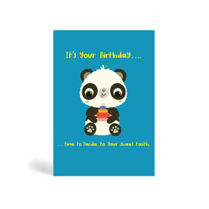 A6 blue eco-friendly, tree free, birthday greeting card showing Panda sitting and offering a yummy birthday cake. The card says, It’s your Birthday….. Time to Panda to your sweet tooth.