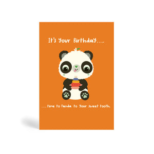 A6 orange eco-friendly, tree free, birthday greeting card showing Panda sitting and offering a yummy birthday cake. The card says, It’s your Birthday….. Time to Panda to your sweet tooth.