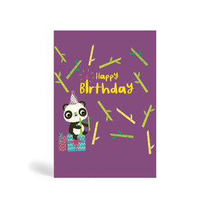 A6 purple eco-friendly, tree free, Happy Birthday Panda with Bamboo greeting card with Panda wearing a party hat sitting on presents and holding bamboo sticks and more bamboo stick in the background.