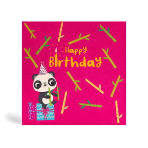 150mm square pink eco-friendly, tree free, Happy Birthday Panda with Bamboo greeting card with Panda wearing a party hat sitting on presents and holding bamboo sticks and more bamboo stick in the background.