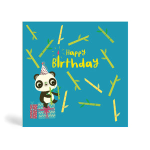 150mm square blue eco-friendly, tree free, Happy Birthday Panda with Bamboo greeting card with Panda wearing a party hat sitting on presents and holding bamboo sticks and more bamboo stick in the background.