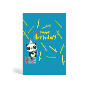 A6 blue eco-friendly, tree free, Happy Birthday Panda with Bamboo greeting card with Panda wearing a party hat sitting on presents and holding bamboo sticks and more bamboo stick in the background.