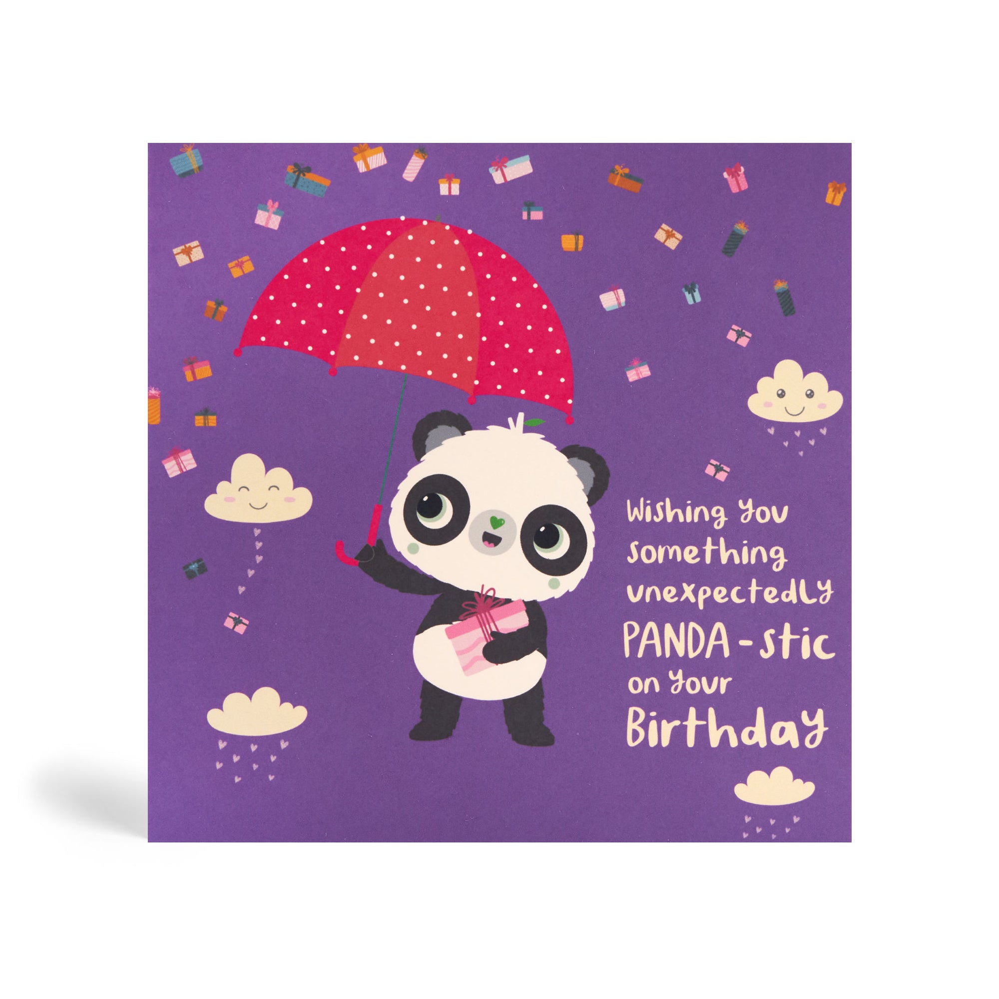 150mm square purple eco-friendly, tree free, birthday greeting card with Panda standing, holding a present and umbrella. In the background, there is images of clouds and raining presents. The card say, Wishing You Something Unexpectedly Panda-stic on your Birthday!
