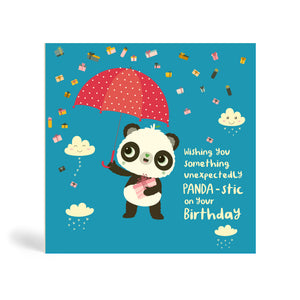 150mm square blue eco-friendly, tree free, birthday greeting card with Panda standing, holding a present and umbrella. In the background, there is images of clouds and raining presents. The card say, Wishing You Something Unexpectedly Panda-stic on your Birthday!