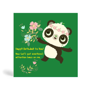 Green 150mm square eco-friendly, tree free, Happy Birthday to you! Now let’s get everyone’s attention back on me greeting card with showing off with pink and blue flowers. Good for the environment.