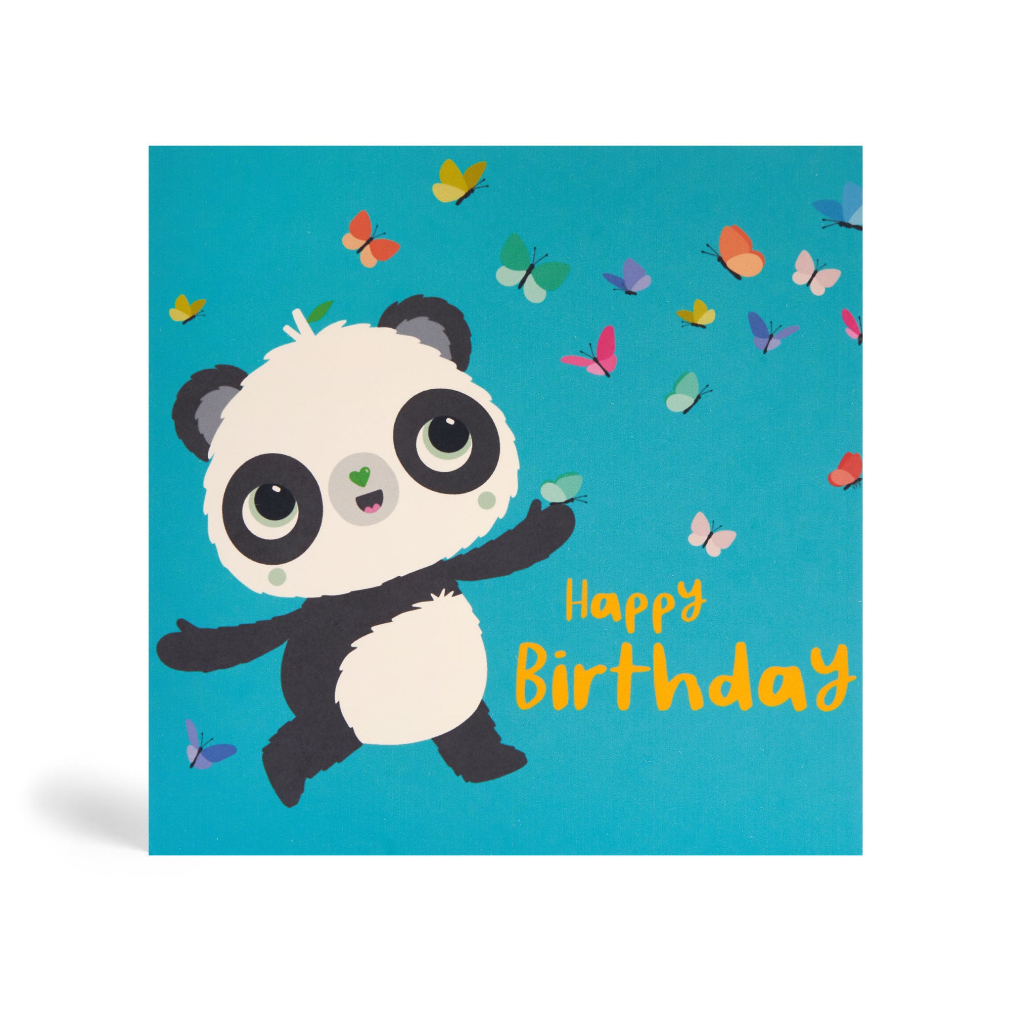 Teal 150mm square eco-friendly, tree free, birthday greeting card with Panda enjoying the company of several beautiful colourful butterflies. The card says happy birthday in yellow.