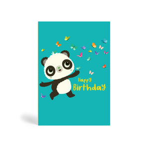 Teal A6 eco-friendly, tree free, birthday greeting card with Panda enjoying the company of several beautiful colourful butterflies. The card says happy birthday in yellow.