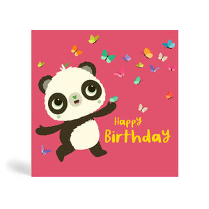Pink 150mm square eco-friendly, tree free, birthday greeting card with Panda enjoying the company of several beautiful colourful butterflies. The card says happy birthday in yellow.