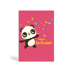 Pink A6 eco-friendly, tree free, birthday greeting card with Panda enjoying the company of several beautiful colourful butterflies. The card says happy birthday in yellow.
