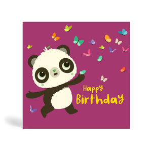 Purple 150mm square eco-friendly, tree free, birthday greeting card with Panda enjoying the company of several beautiful colourful butterflies. The card says happy birthday in yellow.
