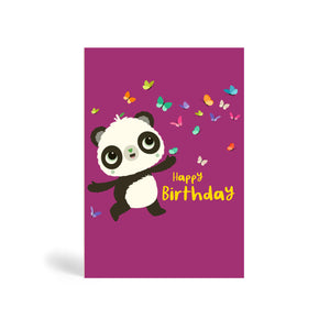 Purple A6 eco-friendly, tree free, birthday greeting card with Panda enjoying the company of several beautiful colourful butterflies. The card says happy birthday in yellow.