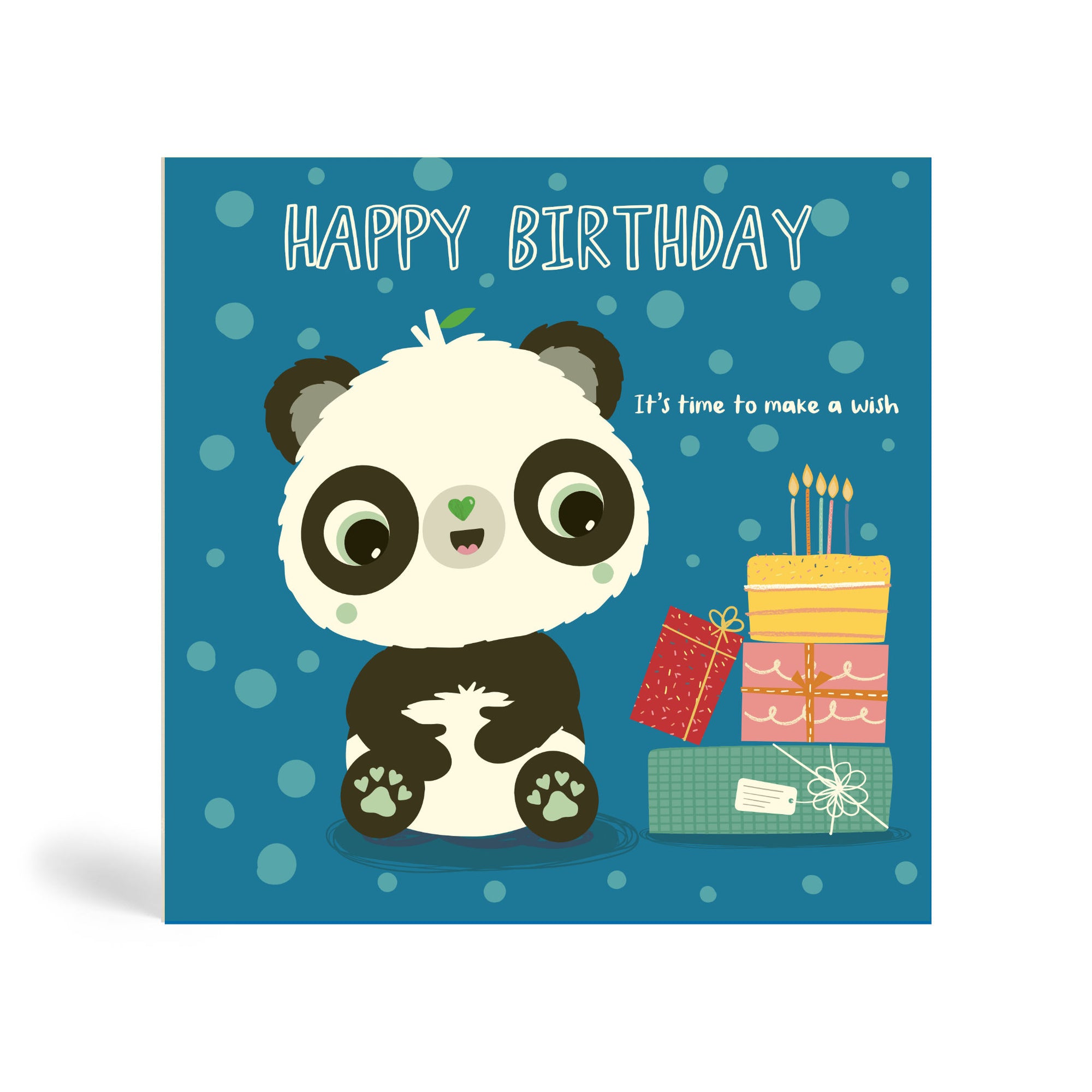 Blue with circle pattern background 150mm square eco-friendly, tree free, birthday greeting card showing Panda sitting beside a pile of present with birthday cake and candles on top. The card says, Happy Birthday. It’s time to make a wish.