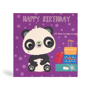 Purple with circle pattern background 150mm square eco-friendly, tree free, birthday greeting card showing Panda sitting beside a pile of present with birthday cake and candles on top. The card says, Happy Birthday. It’s time to make a wish.