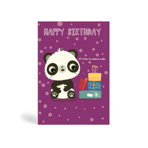 Purple with circle pattern background A6 eco-friendly, tree free, birthday greeting card showing Panda sitting beside a pile of present with birthday cake and candles on top. The card says, Happy Birthday. It’s time to make a wish.