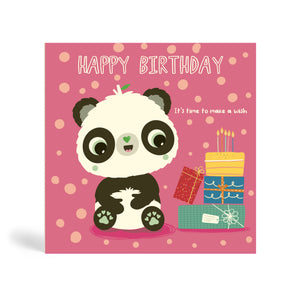 Pink with circle pattern background 150mm square eco-friendly, tree free, birthday greeting card showing Panda sitting beside a pile of present with birthday cake and candles on top. The card says, Happy Birthday. It’s time to make a wish.