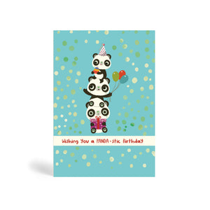 A6 Blue with dots background eco-friendly, tree free, birthday greeting card with three Pandas Piggyback on top of each other. The top Panda is wearing a party hat and holding a cake, the middle Panda is holding balloons and the Panda at the bottom is sitting down and holding a purple present. The card says, wishing you a PANDA-stic Birthday.