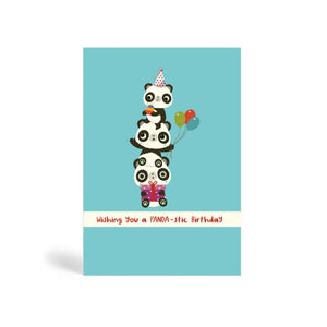 A6 Blue no dots background eco-friendly, tree free, birthday greeting card with three Pandas Piggyback on top of each other. The top Panda is wearing a party hat and holding a cake, the middle Panda is holding balloons and the Panda at the bottom is sitting down and holding a purple present. The card says, wishing you a PANDA-stic Birthday.