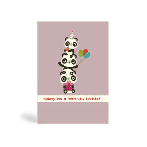 A6 purple grey no dots background eco-friendly, tree free, birthday greeting card with three Pandas Piggyback on top of each other. The top Panda is wearing a party hat and holding a cake, the middle Panda is holding balloons and the Panda at the bottom is sitting down and holding a purple present. The card says, wishing you a PANDA-stic Birthday.