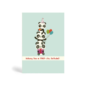 A6 Light green no dots background eco-friendly, tree free, birthday greeting card with three Pandas Piggyback on top of each other. The top Panda is wearing a party hat and holding a cake, the middle Panda is holding balloons and the Panda at the bottom is sitting down and holding a purple present. The card says, wishing you a PANDA-stic Birthday.
