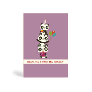 A6 purple no dots background eco-friendly, tree free, birthday greeting card with three Pandas Piggyback on top of each other. The top Panda is wearing a party hat and holding a cake, the middle Panda is holding balloons and the Panda at the bottom is sitting down and holding a purple present. The card says, wishing you a PANDA-stic Birthday.