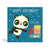 150mm square blue with circle pattern background eco-friendly, tree free, birthday greeting card showing Panda standing and pointing at a pile of present with birthday cake and candles on top. The card says, Happy Birthday. It’s time to make a wish.