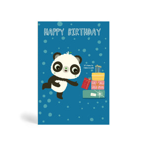 A6 blue with circle pattern background eco-friendly, tree free, birthday greeting card showing Panda standing and pointing at a pile of present with birthday cake and candles on top. The card says, Happy Birthday. It’s time to make a wish.