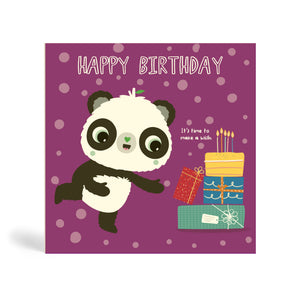 150mm square purple with circle pattern background eco-friendly, tree free, birthday greeting card showing Panda standing and pointing at a pile of present with birthday cake and candles on top. The card says, Happy Birthday. It’s time to make a wish.