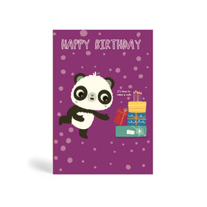 A6 purple with circle pattern background eco-friendly, tree free, birthday greeting card showing Panda standing and pointing at a pile of present with birthday cake and candles on top. The card says, Happy Birthday. It’s time to make a wish.