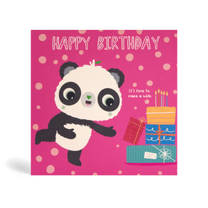 150mm square pink with circle pattern background eco-friendly, tree free, birthday greeting card showing Panda standing and pointing at a pile of present with birthday cake and candles on top. The card says, Happy Birthday. It’s time to make a wish.