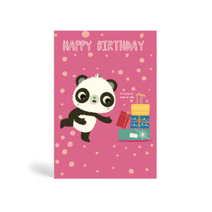 A6 pink with circle pattern background eco-friendly, tree free, birthday greeting card showing Panda standing and pointing at a pile of present with birthday cake and candles on top. The card says, Happy Birthday. It’s time to make a wish.