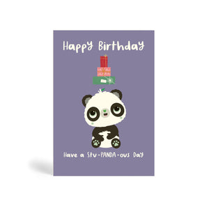 Purple A6 eco-friendly, tree free, happy birthday greeting card with Panda sitting looking at presents falling down.