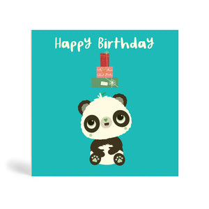 Teal 150mm square eco-friendly, tree free, happy birthday greeting card with Panda sitting looking at presents falling down.