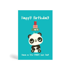Teal A6 eco-friendly, tree free, happy birthday greeting card with Panda sitting looking at presents falling down.