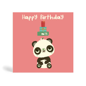 Pink 150mm square eco-friendly, tree free, happy birthday greeting card with Panda sitting looking at presents falling down.