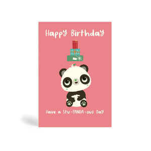 Pink A6 eco-friendly, tree free, happy birthday greeting card with Panda sitting looking at presents falling down.