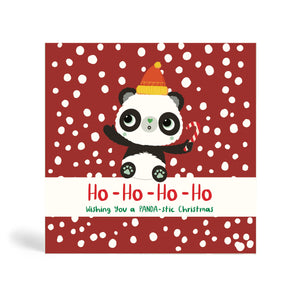 Red 150mm Square Eco-Friendly Christmas greeting card made from bamboo and cotton linters with image of Panda holding a candy cane and excited about the snow falling in the background. The card says Ho Ho Ho Ho wishing you a PANDA-stic Christmas.