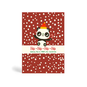 Red A6 Square Eco-Friendly Christmas greeting card made from bamboo and cotton linters with image of Panda holding a candy cane and excited about the snow falling in the background. The card says Ho Ho Ho Ho wishing you a PANDA-stic Christmas.
