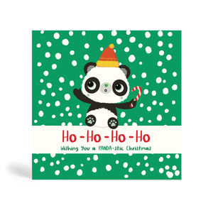 Green 150mm Square Eco-Friendly Christmas greeting card made from bamboo and cotton linters with image of Panda holding a candy cane and excited about the snow falling in the background. The card says Ho Ho Ho Ho wishing you a PANDA-stic Christmas.
