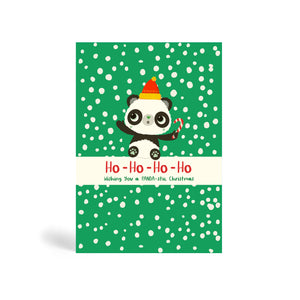 Green A6 Square Eco-Friendly Christmas greeting card made from bamboo and cotton linters with image of Panda holding a candy cane and excited about the snow falling in the background. The card says Ho Ho Ho Ho wishing you a PANDA-stic Christmas.