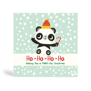 Teal 150mm Square Eco-Friendly Christmas greeting card made from bamboo and cotton linters with image of Panda holding a candy cane and excited about the snow falling in the background. The card says Ho Ho Ho Ho wishing you a PANDA-stic Christmas.