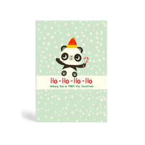 Teal A6 Square Eco-Friendly Christmas greeting card made from bamboo and cotton linters with image of Panda holding a candy cane and excited about the snow falling in the background. The card says Ho Ho Ho Ho wishing you a PANDA-stic Christmas.