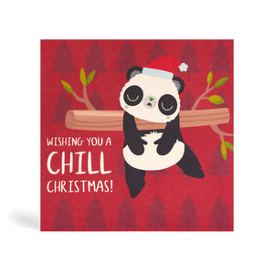 Red 150mm Square Eco-Friendly greeting card with Christmas tree background design made from bamboo and cotton linters with image of Panda sleeping hanging from a tree. The card says Wishing you a Chill Christmas!