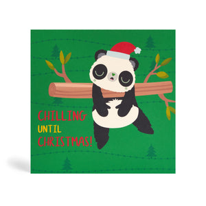 Green 150mm Square Eco-Friendly Christmas greeting card with Christmas tree background design made from bamboo and cotton linters with image of Panda sleeping hanging from a tree. The card says Chilling Until Christmas!