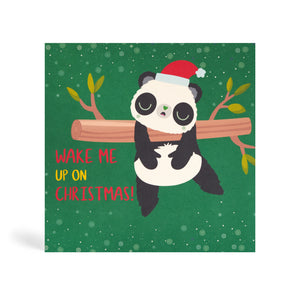 Green 150mm Square Eco-Friendly Christmas greeting card with Christmas tree background design made from bamboo and cotton linters with image of Panda sleeping hanging from a tree. The card says Chilling Until Christmas!