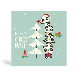 Teal 150mm Square Eco-Friendly Christmas card made from bamboo and cotton linters with image of four Pandas standing on top of each other helping to decorate a snow-covered Christmas tree with a pile of presents at the foot of the tree. The card says MERRY CHRIST MAS!