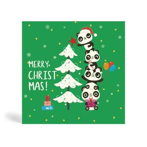 Green 150mm Square Eco-Friendly Christmas card made from bamboo and cotton linters with image of four Pandas standing on top of each other helping to decorate a snow-covered Christmas tree with a pile of presents at the foot of the tree. The card says MERRY CHRIST MAS!