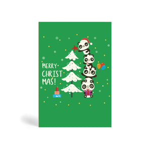 Green A6 Eco-Friendly Christmas card made from bamboo and cotton linters with image of four Pandas standing on top of each other helping to decorate a snow-covered Christmas tree with a pile of presents at the foot of the tree. The card says MERRY CHRIST MAS!.
